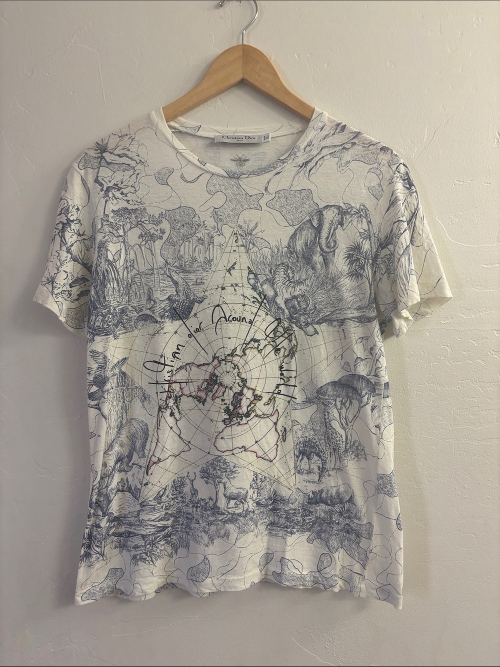 Dior White Short-Sleeve Tee with Navy Map & Nature Print